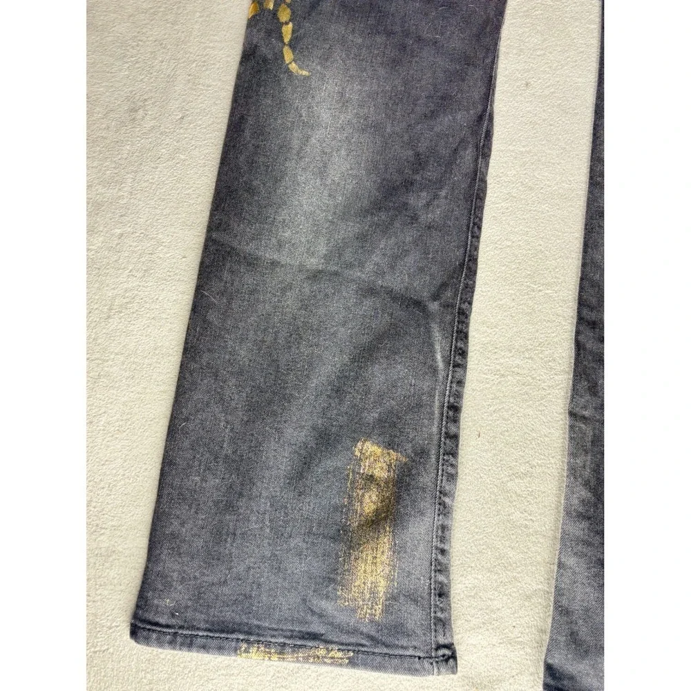 True Religion Ricky W Flap Straight Jeans Black Gold Snake Distressed Mens 38